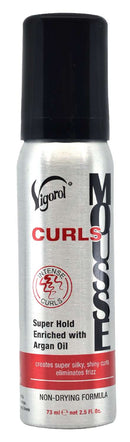 Vigorol Curls Super Hold Mousse 2.5 oz bottle with argan oil for defined curls