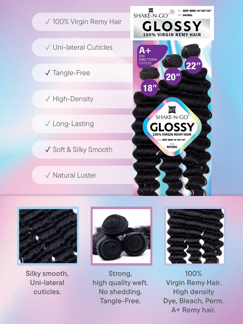 Shake N Go 100% Virgin Remy Hair Weave  3 Bundles Deep Wave 18"20"22" Glossy