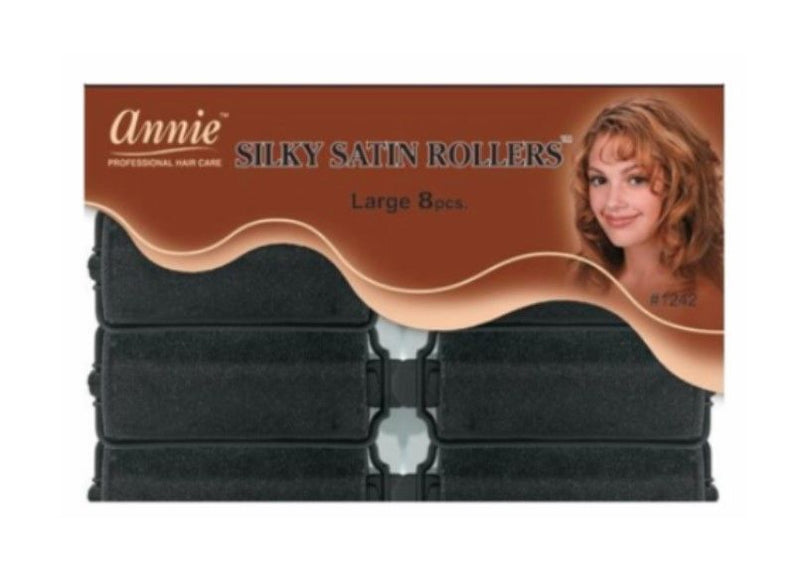 Annie Silky Satin Rollers Large Black 8 Count 1242