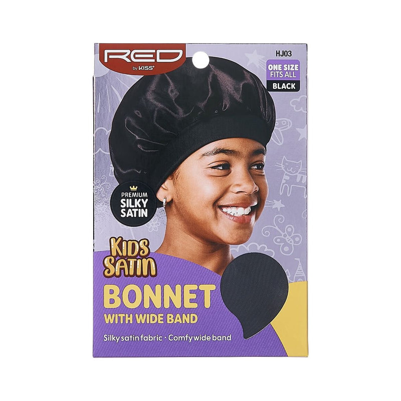 RED Kids Satin Bonnet  Wide Band - Black HJ03